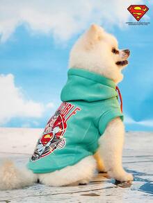 SUPERMAN X PETSIN 1pc Vintage Illustration Print Lake Green Sleeveless Hooded Stylish Fashion Sweatshirt For Pets