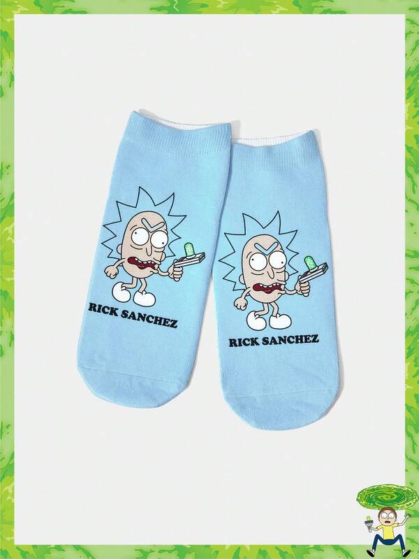Rick and Morty X SHEIN 1 par de calcetines de tobillo color azul cielo con gráficos de letras y figuras de dibujos animados