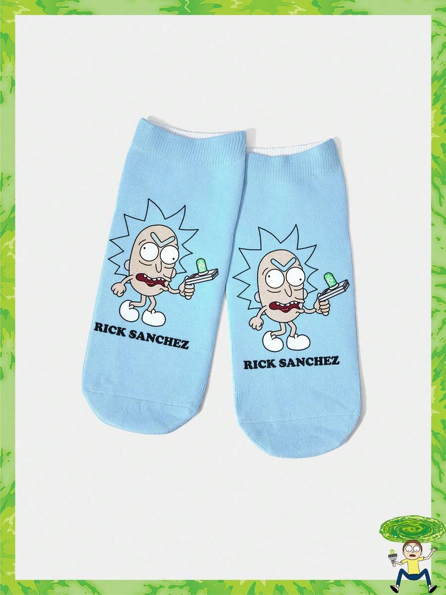 Rick and Morty X SHEIN 1 Par de Meias Tornozelo Azul Céu com Gráfico de Letra e Figura de Desenho Animado - Multicolorido - Visão 1