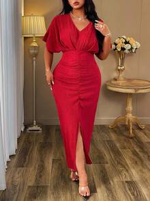 Auvina 大码女士纯色晚礼服，短袖设计，V领开口，开衩，长款，优雅大方。女士纯色V领蝙蝠袖短袖褶裥开衩下摆优雅长裙，适合圣诞节、教师节穿着。 - 紅色 - 查看 5