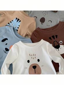 Set de 5 piezas de tops casuales para bebé niño con cuello redondo, de punto, de unicolor y con diseño de animales lindos