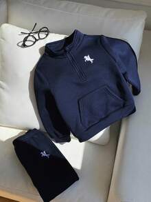 SHEIN 2 件套年轻男童休闲立领半拉链卫衣和运动裤套装，加厚羊毛，适合秋冬季 - 藍色 - 查看 6