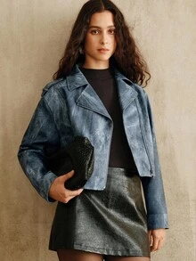 Anewsta Women's Denim Effect Jacket, Suitable For Autumn, Winter, Going Out, Elegant, Formal, Party, Chic, New Year, Christmas, Work, Graduation, Wedding