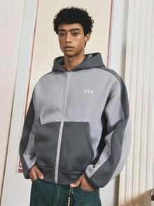 SWAVVY Men's Casual Standard Size Patchwork Long Sleeve Sweatshirt With Embroidery And Hood, Fall, Winter - Multicolor - View 3