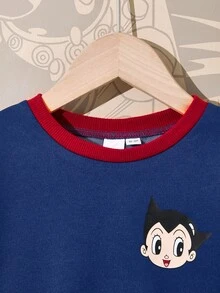 Astro Boy X SHEIN Young Boy Cartoon Figure & Letter Embroidery Colorblock Drop Shoulder Knit Crew Neck Sweatshirt, Autumn/Winter Fall - Blue and White - View 4