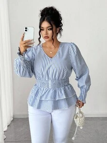 Elenzga Blusa Feminina com Decote em V, Cintura Marcada e Bainha Evasê, Uso Casual - Azul e Branco - Visão 5