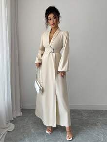 Selianne Elegante vestido de dama con cintura ceñida y mangas largas tipo farol - Albaricoque - Ver 3