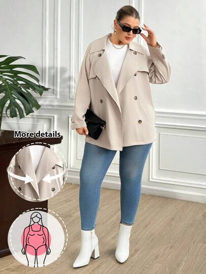 Truni Elyhuante_03 Fall Trench Coat For Women, Winter Plus Size Women's Solid Color Lapel Neck Long Sleeve Double-Breasted Casual Windbreaker Jacket, For Pear Triangle Body Shape