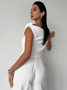 Firerie Women's Elegant Minimalist Chic Fashion Casual Daily Commuting Music Festival Vacation Asymmetric Ruffled White Bodysuit, Spring/Summer, Graduation Dress