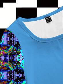 Shutterstock Camiseta corta de manga larga con estampado gráfico de estilo pixelado y tono azul de ciudad digital Y2K para mujer - Azul - Ver 3