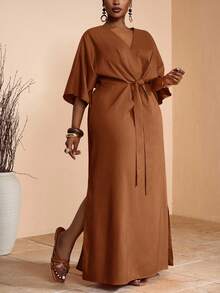 Veslaya 2025 Spring/Summer New Arrival Vacation Casual & Elegant Party & Daily Wear Fitted Solid Khaki V-Neck Raglan Sleeve Waist Tie Slit Hem Woven Textured Fabric Plus Size Maxi Dress