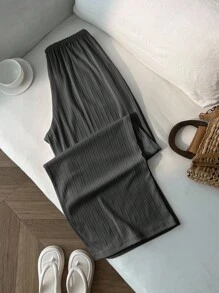 Elamini 女士休闲纯色抽绳腰宽松竖条纹裤 - 灰色 - 查看 2