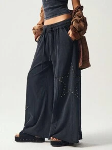 Bohemela Quần ống rộng dáng suông cỡ lớn dành cho nữ, có dây rút ở eo và túi, điểm nhấn là họa tiết ngôi sao năm cánh. - màu đen - Xem 2