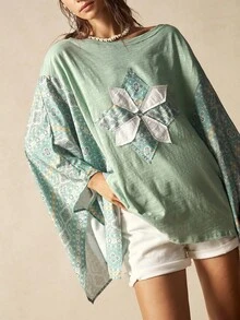 Bohemela Women's Knit Patchwork Round Neck Flare Sleeve Loose T-Shirt - Multicolor - View 1