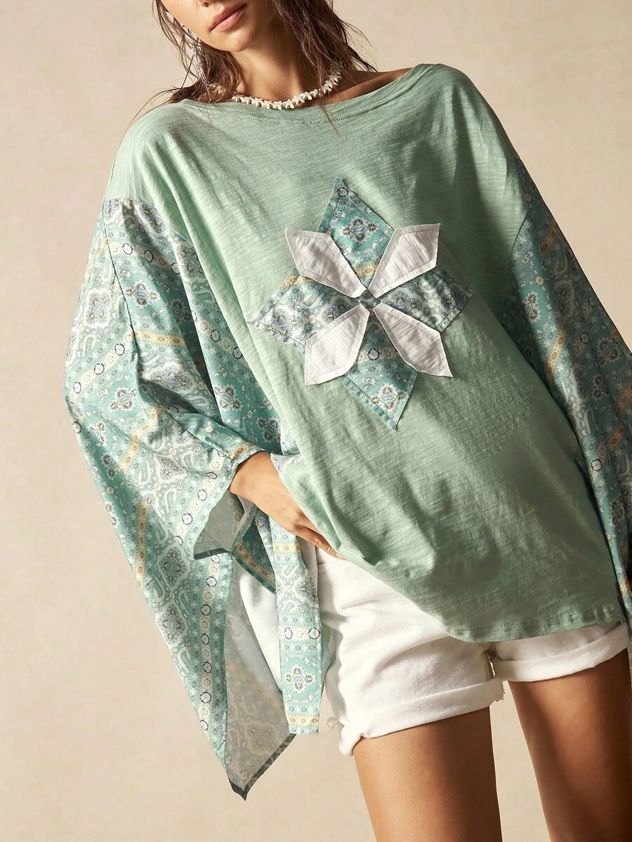 Bohemela Women's Knit Patchwork Round Neck Flare Sleeve Loose T-Shirt - Multicolor - View 1