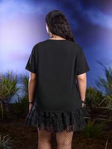 Corpse Bride X SHEIN 大码卡通人物图案圆领短袖T恤 - 黑色 - 查看 2