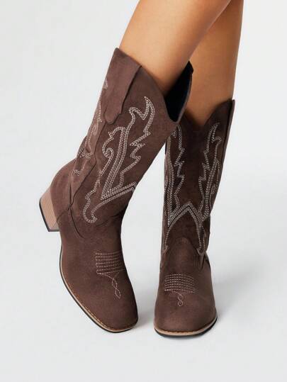 Grunge Punk Women's 2025 Autumn/Winter Brown New Outdoor Fashion Embroidery Detail Pointed Toe Chunky Heel Western Cowboy Ankle Boots, Slip-On