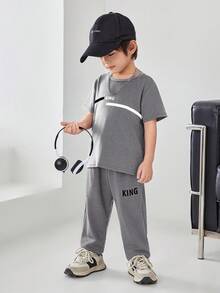 2pcs Young Boy Casual Collegiate Minimalist Letter Print Round Neck Short Sleeve T-Shirt And Drawstring Pants Set, Loose & Comfortable, Suitable For Outings, School, Vacation, Party, Sports, Spring/Summer - Grey - View 5