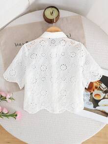 SHEIN LMoss Kids Tween Girl Vacation Casual Solid Embroidered Short Sleeve Blouse - White - View 2