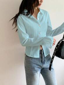 Teen Girls' French Waist Design Long Sleeve Flare Sleeve Ruffle Hem Casual Blouse, Suitable For Summer Daily Fashion Wear Fall Winter - Baby Blue - View 3