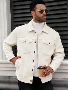 Manfinity CasualCool Plus Size Men's Solid Color Front Button Pocket Casual Long Sleeve Jacket, Fall Winter , Corduroy