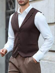 Manfinity Bizformal 男士纯色前扣商务西装马甲棕色背心男男士马甲背心男士无袖马甲棕色西装马甲 - 咖啡棕 - 查看 1