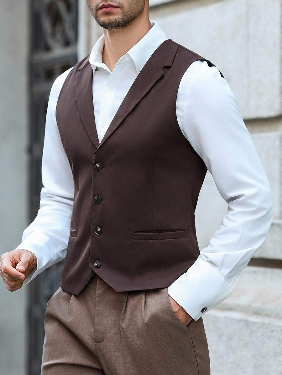 Manfinity Bizformal 男士纯色前扣商务西装马甲棕色背心男男士马甲背心男士无袖马甲棕色西装马甲 - 咖啡棕 - 查看 1