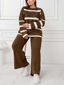EURMUSE STRIPE DESIGN PLUS SIZE SWEATER CO-ORDS - Brown - View 1