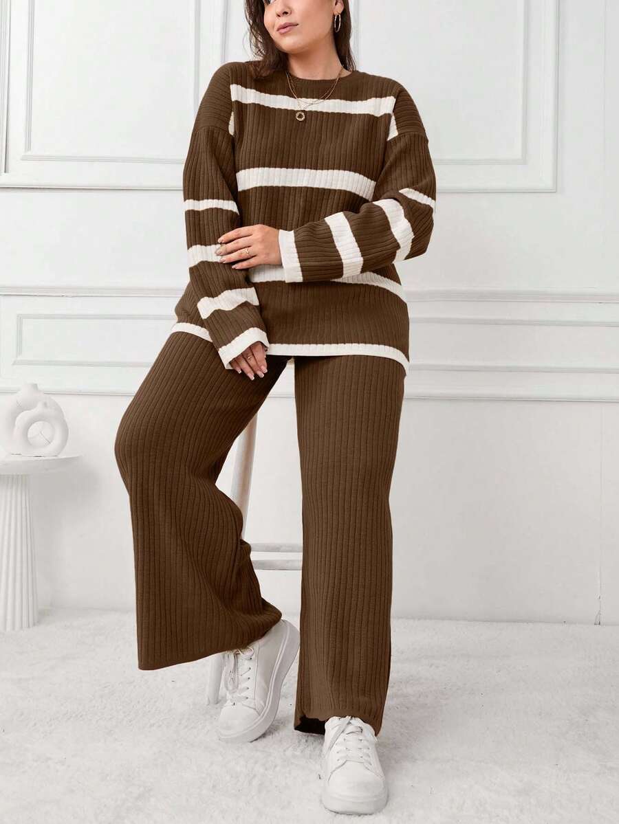 EURMUSE STRIPE DESIGN PLUS SIZE SWEATER CO-ORDS - Brown - View 1