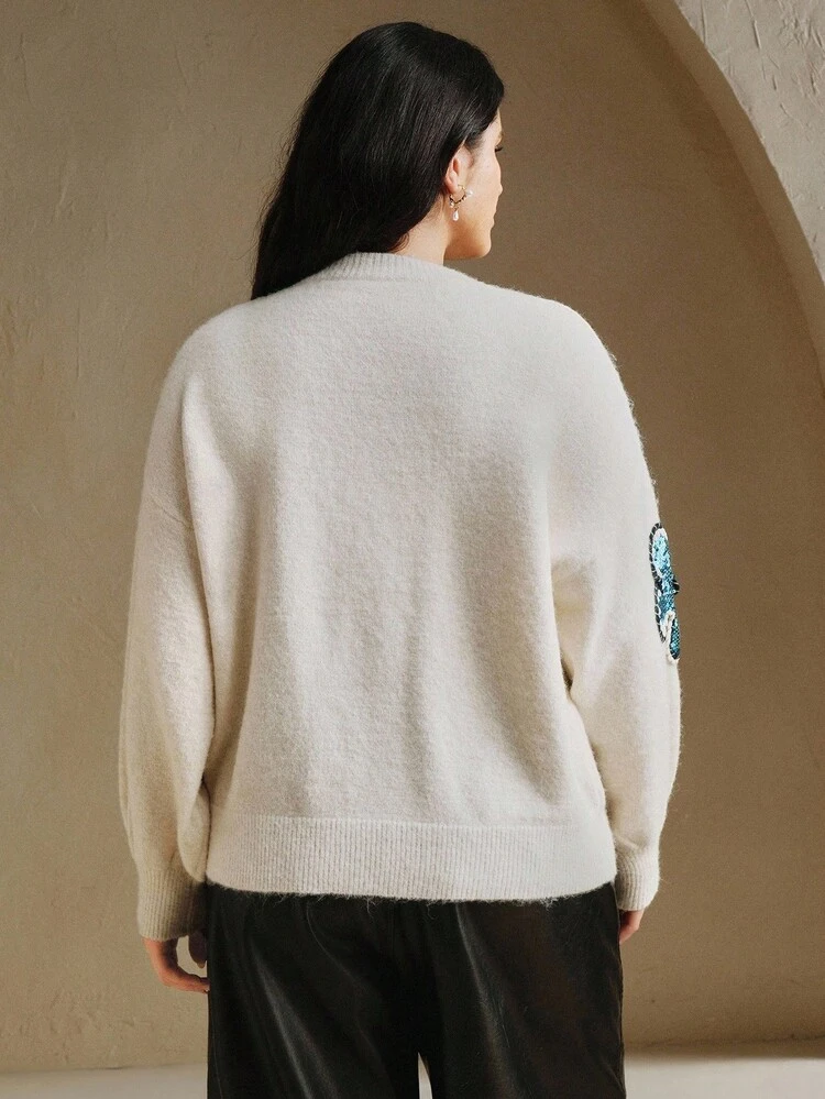 Women's Plus Size Embroidered Beaded Knit Sweater Top, Suitable For Autumn, Fall, Winter, Going Out, Elegant, Formal, Party, Chic, New Year, Christmas, Work, Graduation, Wedding