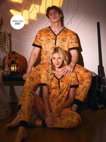 CoupledUp Halloween Funny Pumpkin Print V-Neck Contrast Color Block Men Casual Sleepwear Set - Orange - View 6