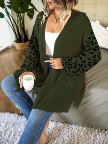 EMERY ROSE Plus Size Women Leopard Print Knit Casual Versatile Lantern Sleeve Cardigan Sweater Fall Winter Cloth For Women Autumn - Army Green - View 3