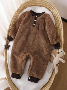 SHEIN Baby Boy Casual Colorblock Half-Button Fleece Jumpsuit, Winter Fall - Khaki - View 3