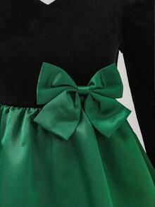 Glamorique Kids Young Girl Autumn/Winter New Velvet Patchwork Satin Design V-Neck Bow Elegant Party Long Sleeve Dress,Christmas Dress Fall - Green - View 3