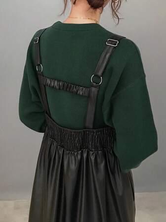 FRIFUL Sukienka damska z PU, luźna z przodu, z ozdobnym zamkiem błyskawicznym, w jednolitym kolorze, w stylu cargo