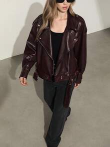 Aveloria Modichic Women's Fashionable Versatile Distressed Effect Metal Zipper Faux Leather Motorcycle Jacket - Burgundy - View 4