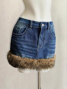 Attitoon 女士拼布仿皮草牛仔迷你裙 - 深色水洗藍 - 查看 3