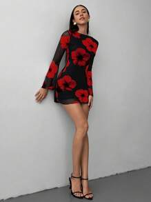 Aloruh Damen sexy, modisches Minikleid mit offenem Rücken und Batik-Muster, Langarm, figurbetonend