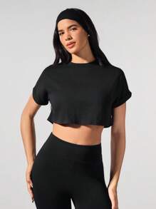 Fluxe 纯色针织圆领短袖宽松短款休闲女式 T 恤 - 黑色 - 查看 4