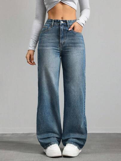 SHEIN ICON Women's Solid Color Casual Versatile Pocket Wide Leg Jeans