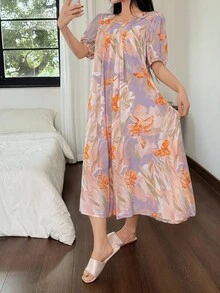 DAZY Floral Print Lightweight Women's Round Neck Short Sleeve Nightgown Pajama