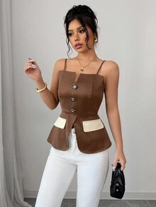 Elenzga Camiseta gráfica casual de mujer con botones de contraste y dobladillo con abertura - Multicolor - Ver 6