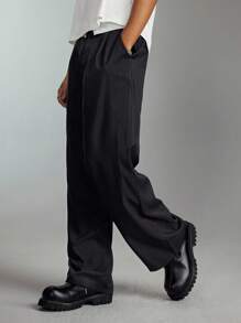 ROMWE MEN Street Life 男士纯色褶皱口袋阔腿学院风休闲裤，适合秋季 - 彩色 - 查看 4