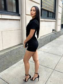 Carolina Barros 翻蓋口袋前紐扣牛仔連體短褲 - 黑色 - 查看 4