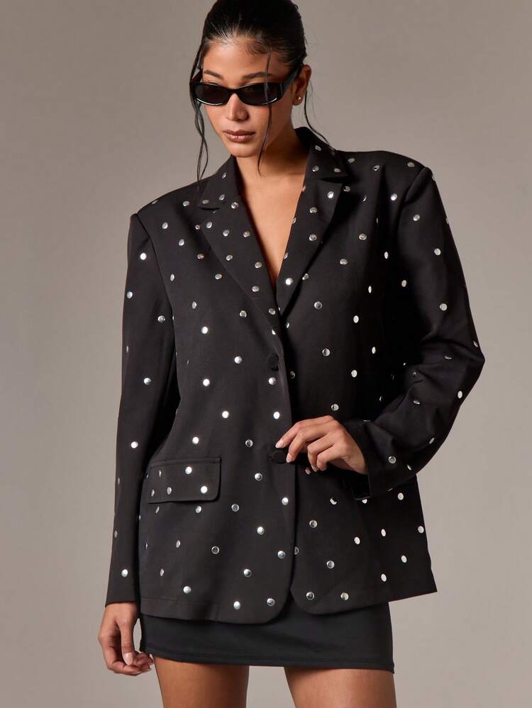 Studded Oversized Blazer With Belt And Double Buttons