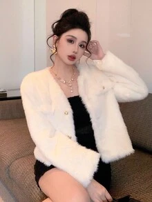 DAZY 女式时尚休闲常规单排扣仿皮草外套韩版女式大衣