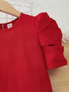 SHEIN Leap Crew Tween Girl Elegant Round Neck Gigot Sleeve Short Sleeve Solid Color Minimalist Blouse - Red - View 3