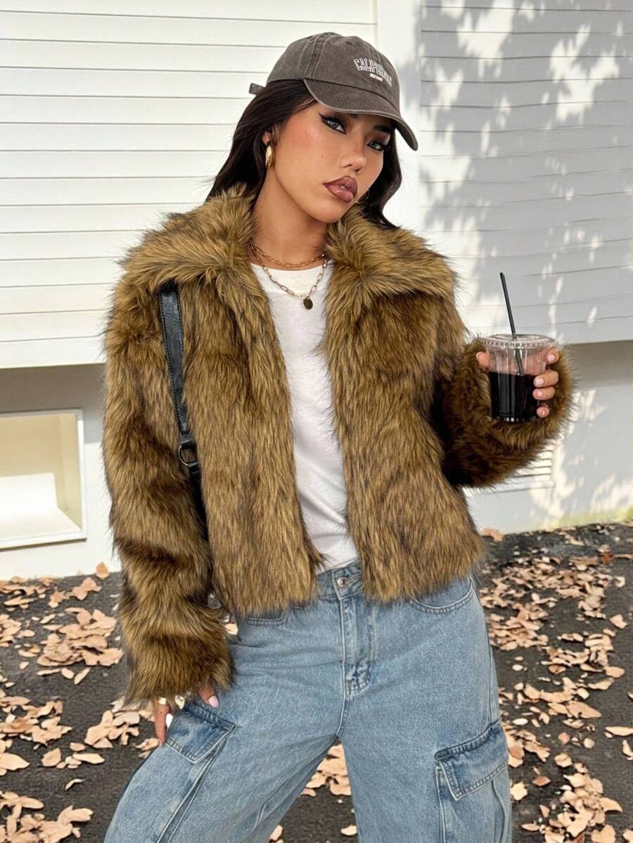 SHEIN PETITE Short Solid Color Fluffy Patchwork Fluffy Coat Y2k Fur Jacket In Fall/Winter ,Petite Women - Camel - View 1