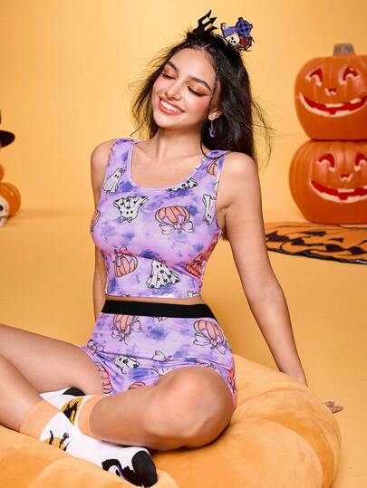Notgurli Y2K Playful Girl Ghost Tie Dye Print Tank Top & Shorts Women Pajama Set, Halloween