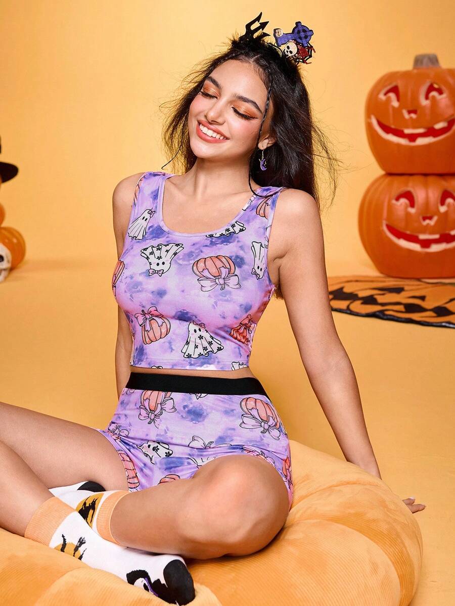 Notgurli Y2K Playful Girl Ghost 扎染印花背心和短裤女式睡衣套装，万圣节 - 彩色 - 查看 1